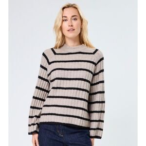 b.young Bymarianne Striped Ribbed Knit Mock Neck Sweater Tan Black Women's M NWT